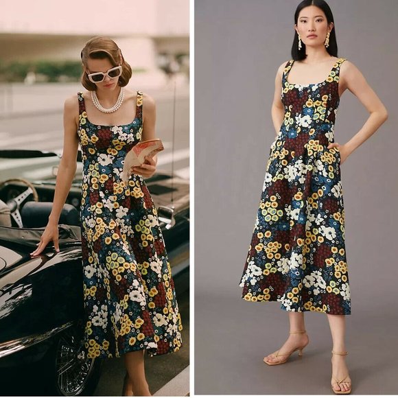 maeve marigold midi dress Anthropologie Maeve Marigold Midi Dress Floral Lace Up 2 NWT Ponte Rockabilly
